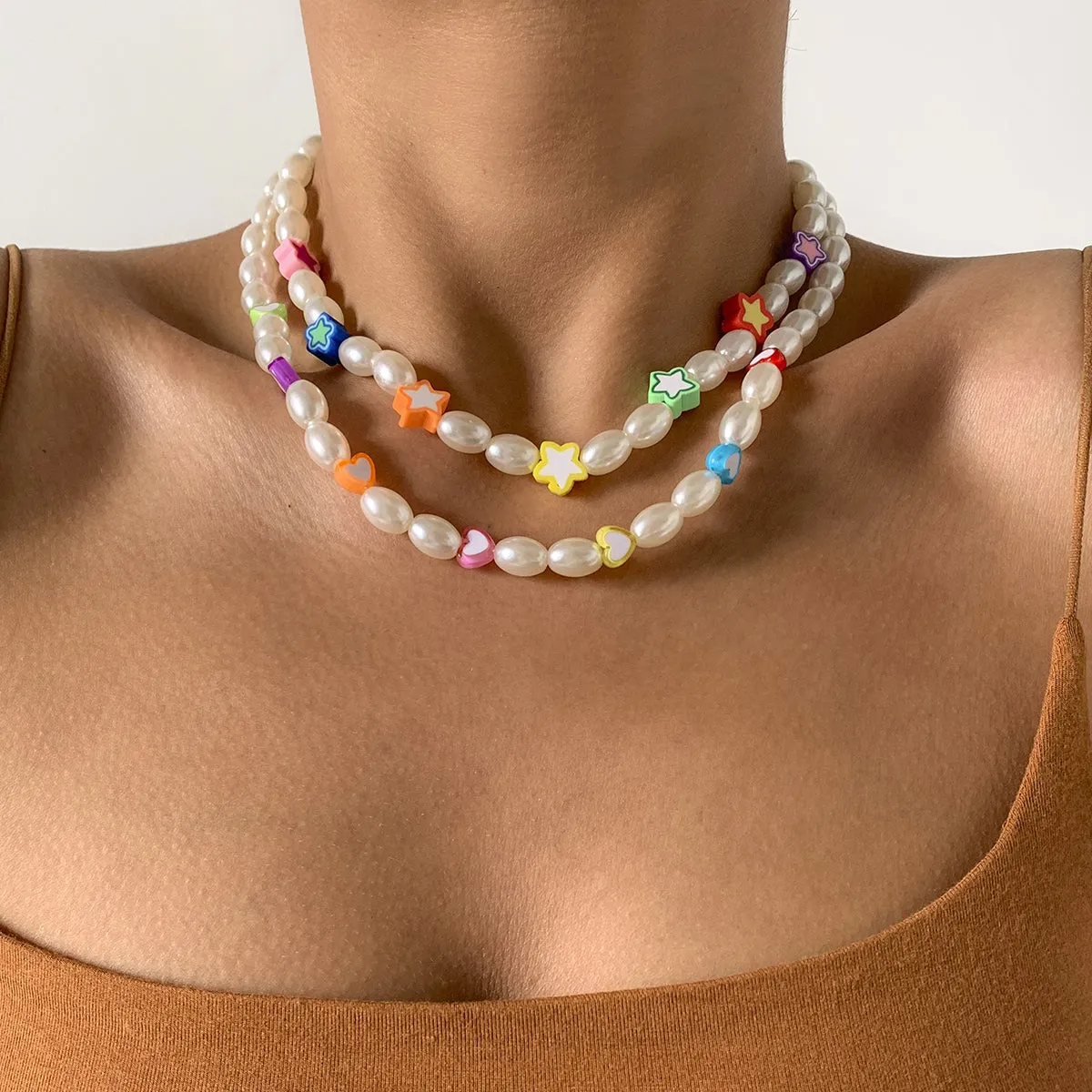 White Pearl & Silver-Plated Heart Star Necklace Set