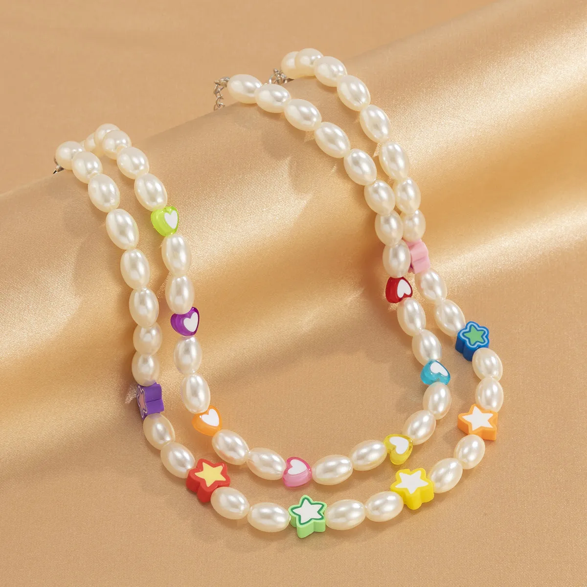 White Pearl & Silver-Plated Heart Star Necklace Set