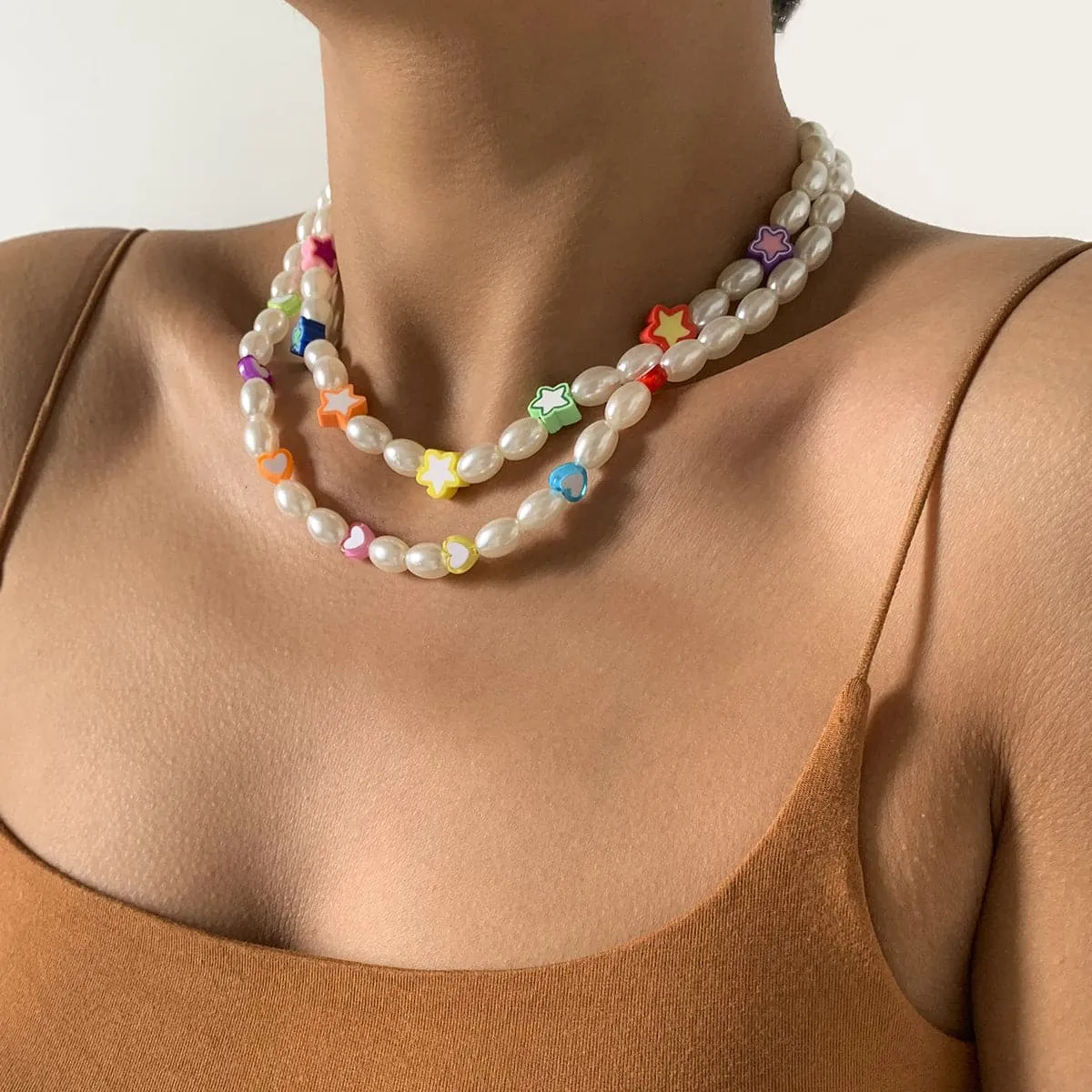 White Pearl & Silver-Plated Heart Star Necklace Set