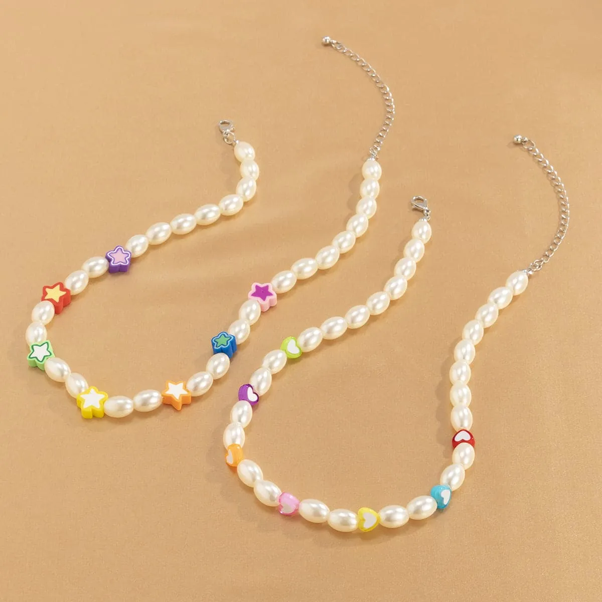 White Pearl & Silver-Plated Heart Star Necklace Set