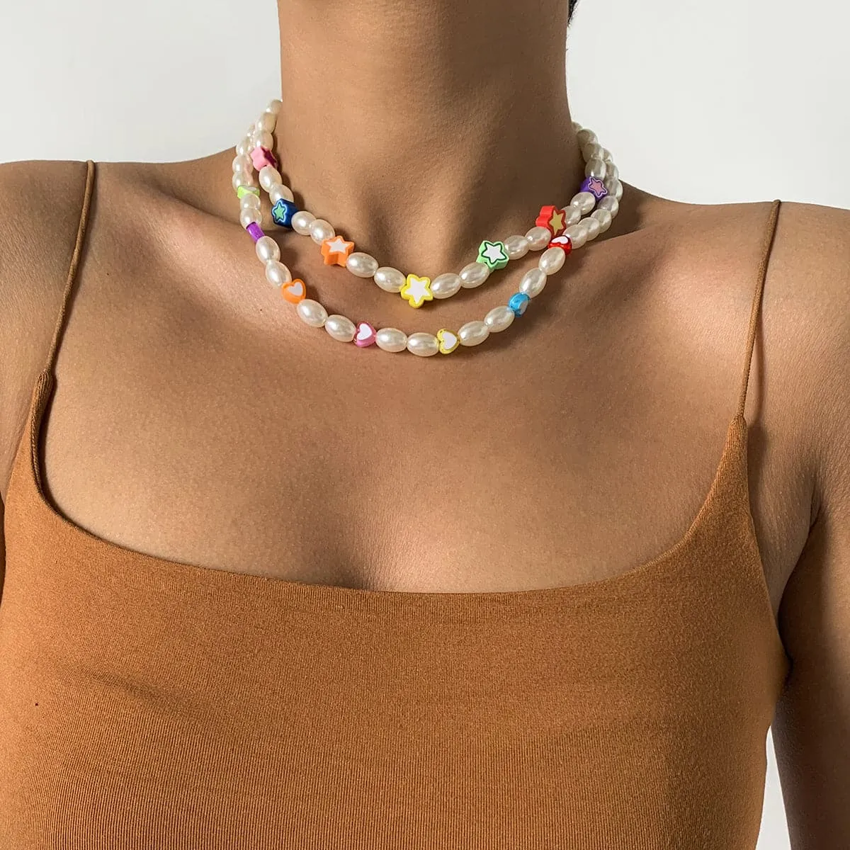 White Pearl & Silver-Plated Heart Star Necklace Set