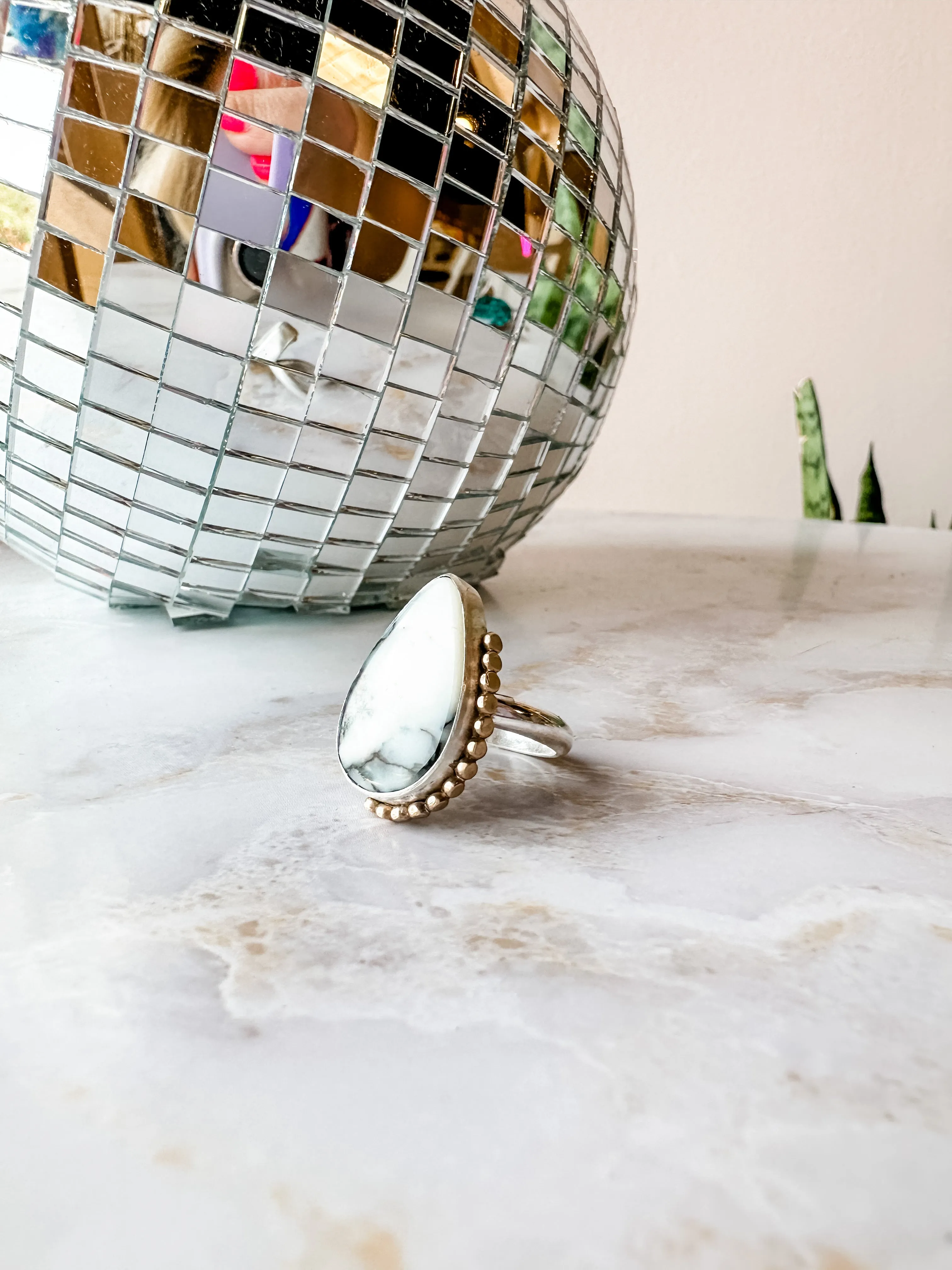 White Variscite Gold Bead Details Statement Ring size 6