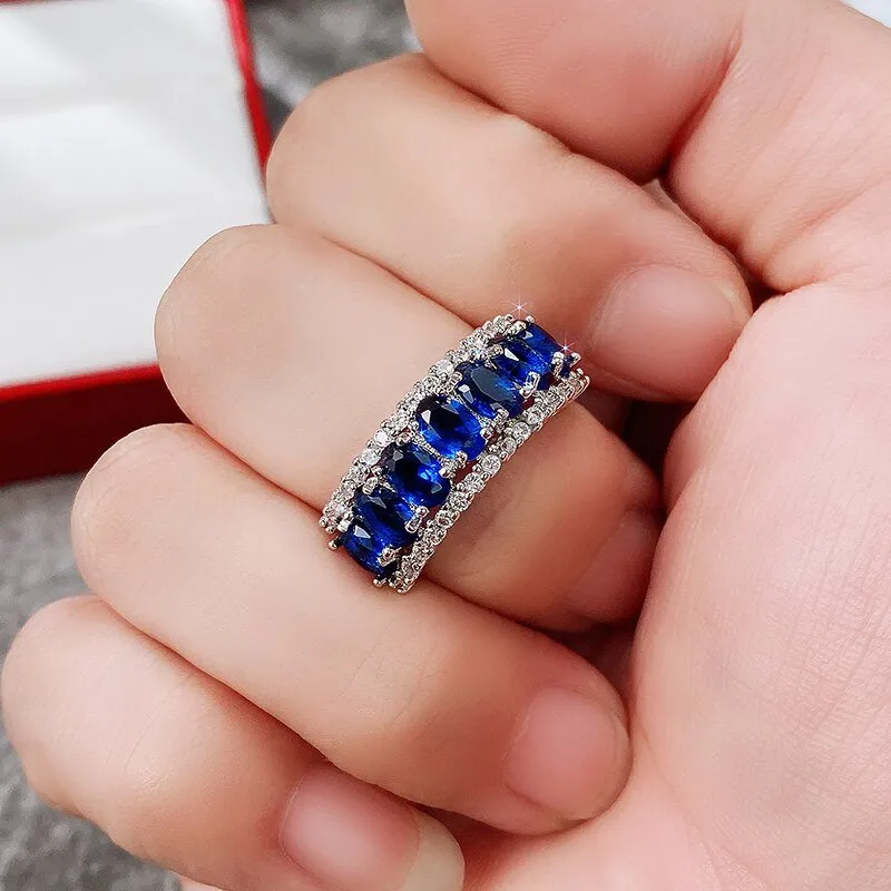 Women Blue Sapphire Ring Statement Wedding Jewelry