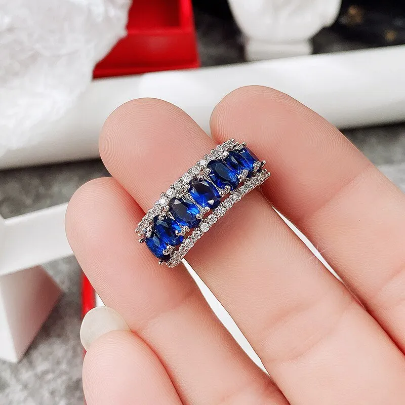 Women Blue Sapphire Ring Statement Wedding Jewelry