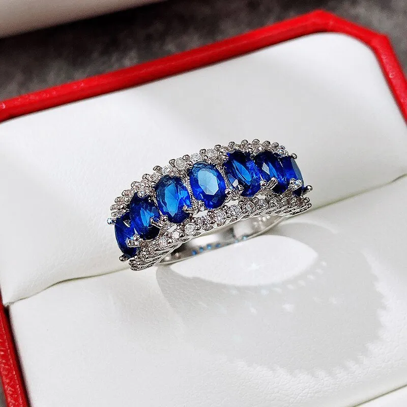 Women Blue Sapphire Ring Statement Wedding Jewelry