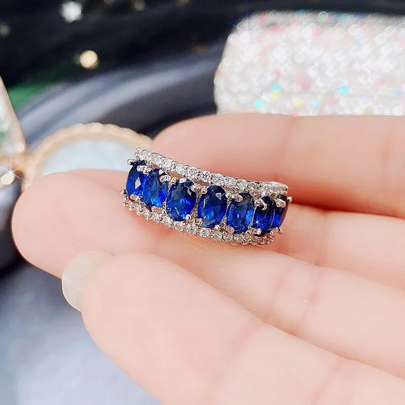 Women Blue Sapphire Ring Statement Wedding Jewelry