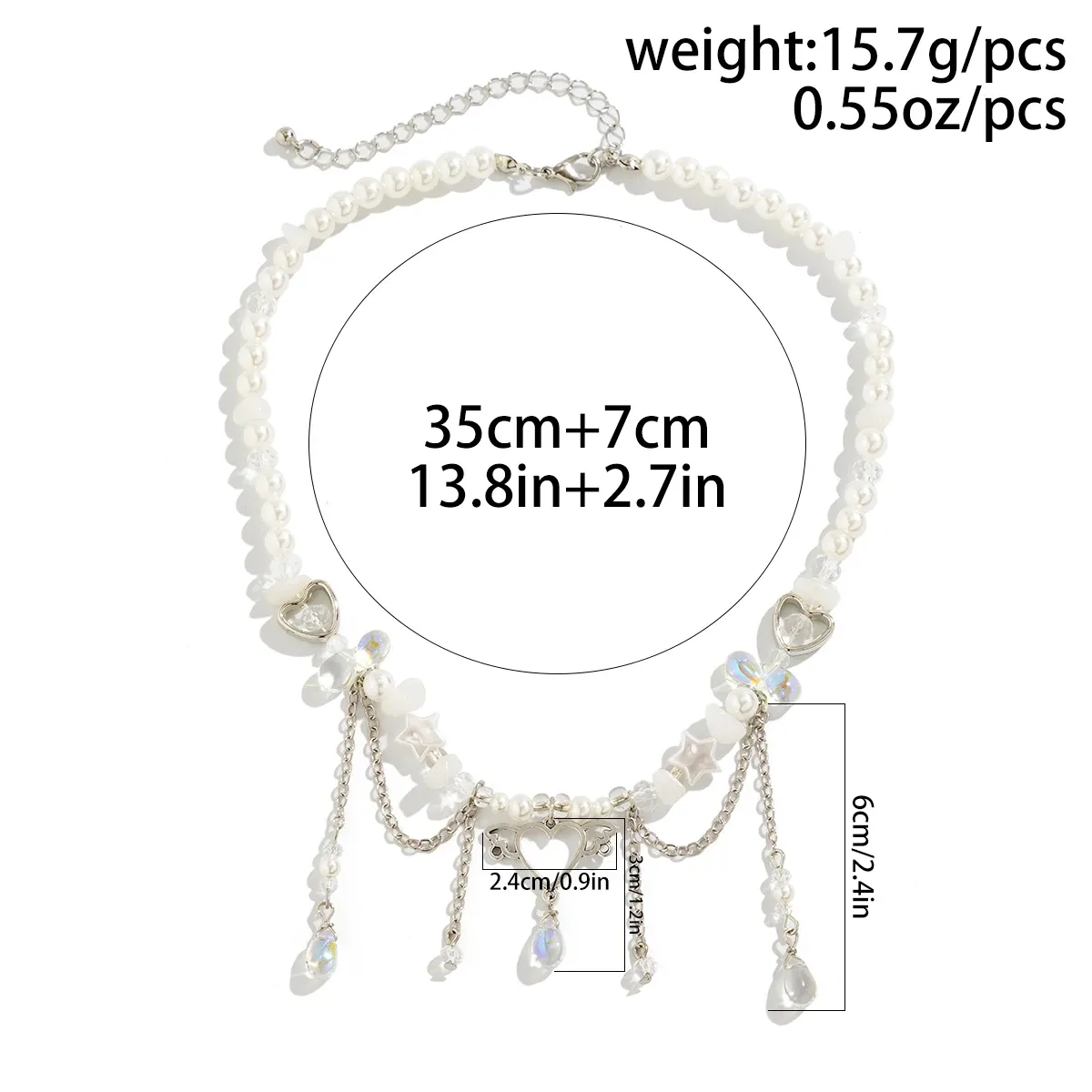 Y2K Imitation Pearl Crystal Beads Heart Charm Tassel Choker