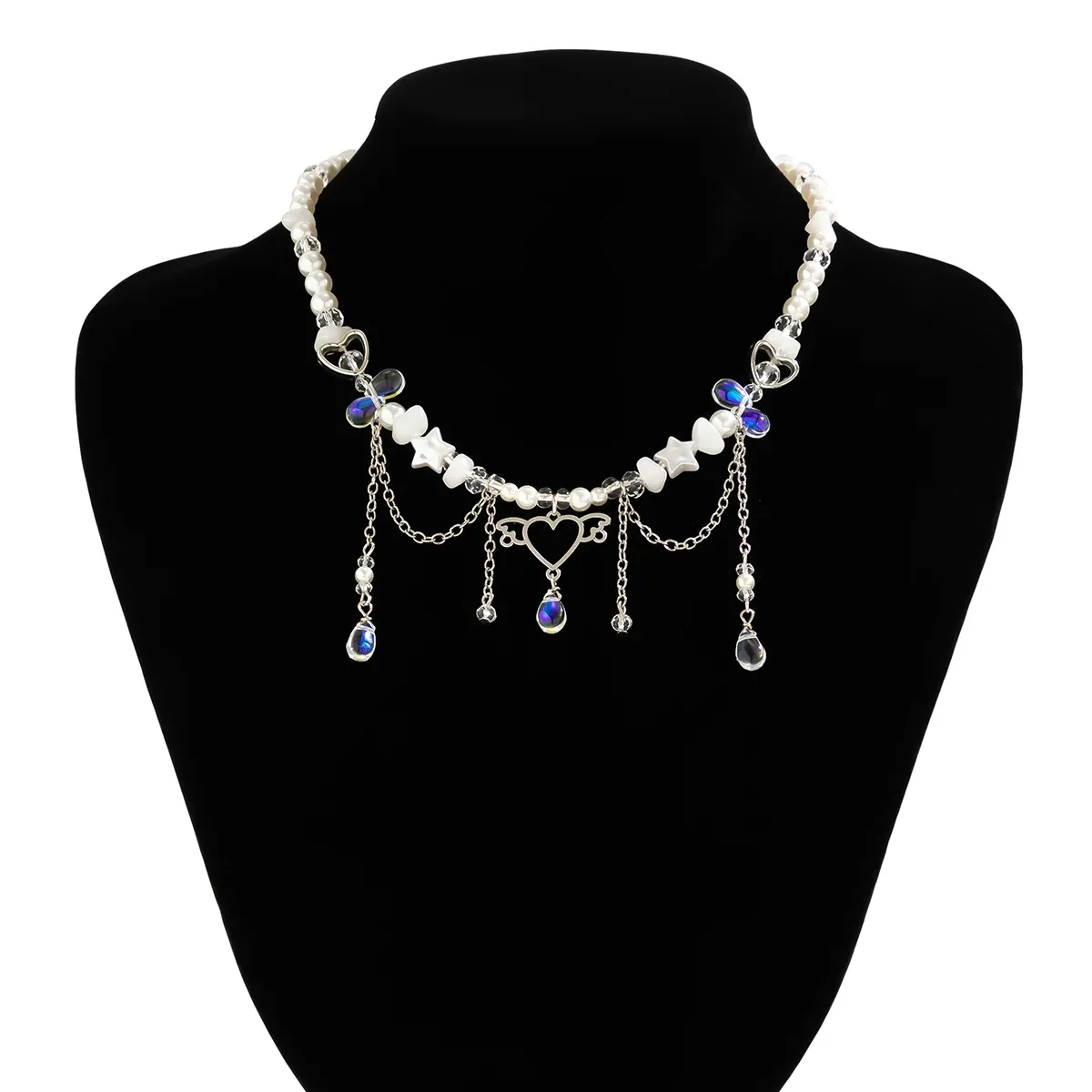 Y2K Imitation Pearl Crystal Beads Heart Charm Tassel Choker