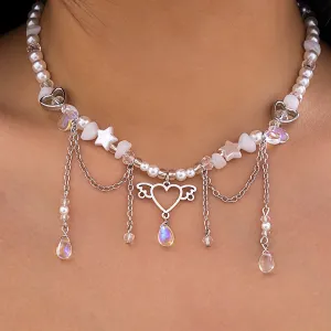 Y2K Imitation Pearl Crystal Beads Heart Charm Tassel Choker