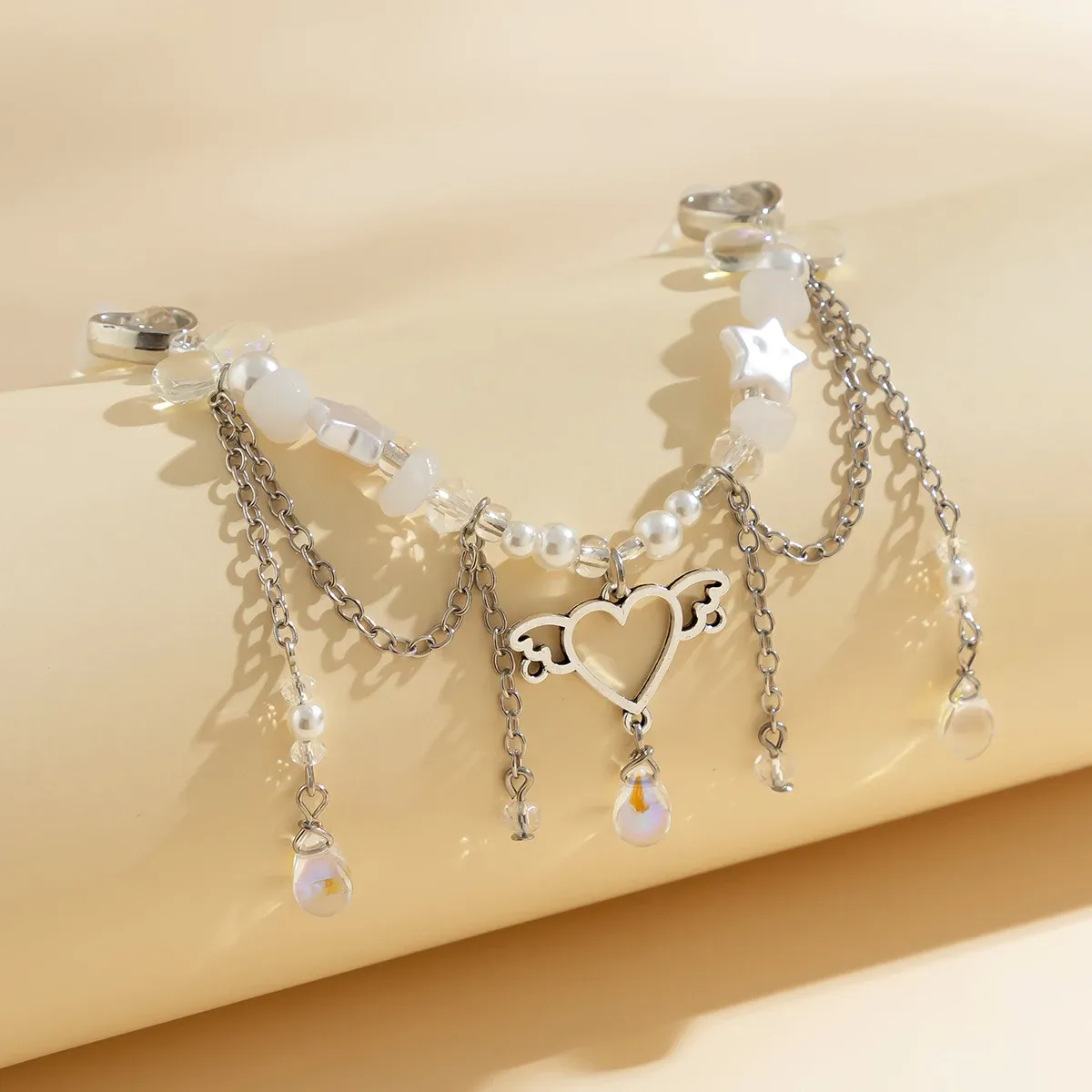 Y2K Imitation Pearl Crystal Beads Heart Charm Tassel Choker