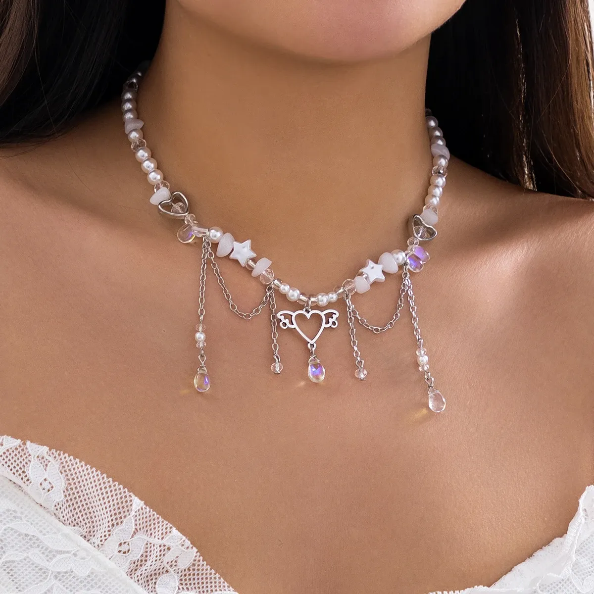 Y2K Imitation Pearl Crystal Beads Heart Charm Tassel Choker